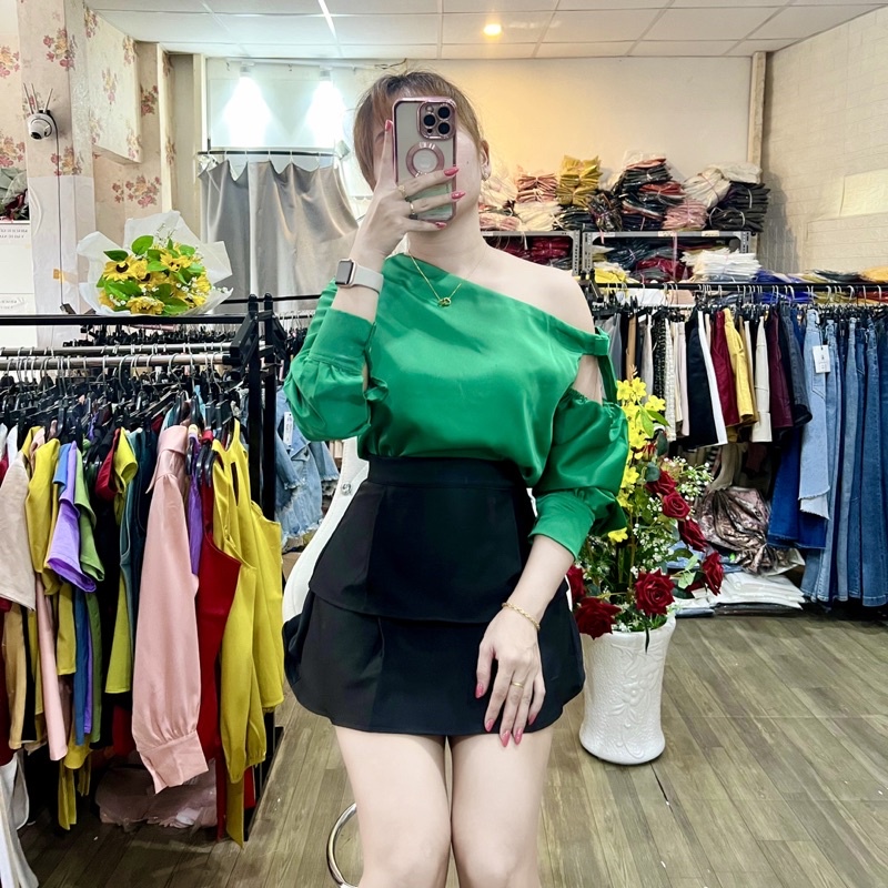 HÌNH THẬT 100% ÁO LỤA CAO CẤP TAY DÀI LỆCH VAI