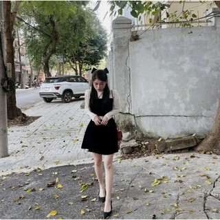 Váy nhung phối tay kèm đai eo