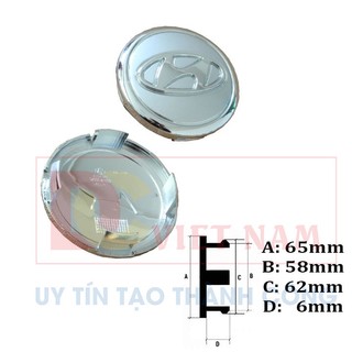 Logo chụp mâm, ốp lazang bánh xe ô tô Hyundai đường kính ngoài 65mm, Nhựa chất liệu nhựa ABS cao cấp