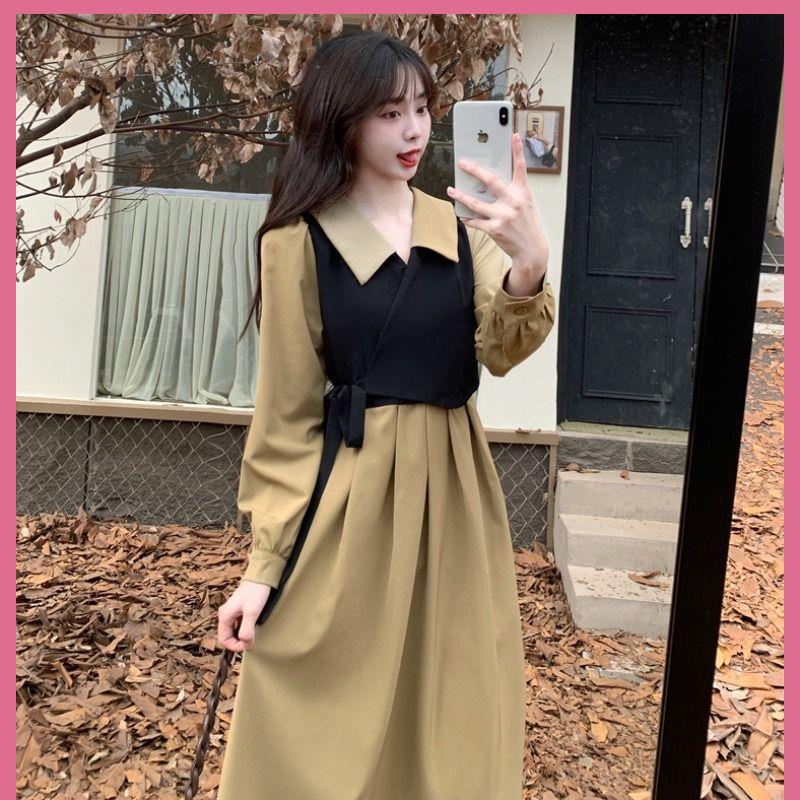 🎀đâm babydoll váy babydoll váy dài Đầm Giả Hai Mảnh Dáng Ôm Che Bụng Phong Cách Tây Tạng Thời Trang Xuân Thu Kiểu Mới Dành Cho Bạn Nữ