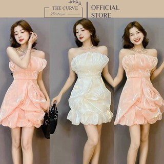 Đầm dự tiệc dáng xòe thiết kế sang chảnh phồng xoắn ngực, váy nữ cúp ngực, vải tơ, đi chơi sang trọng