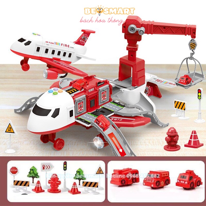 Đồ chơi robot biến hình, máy bay, ô tô biến hình có nhạc có đèn lắp ghép thành đường ray và công trình có sẵn xe nhỏ