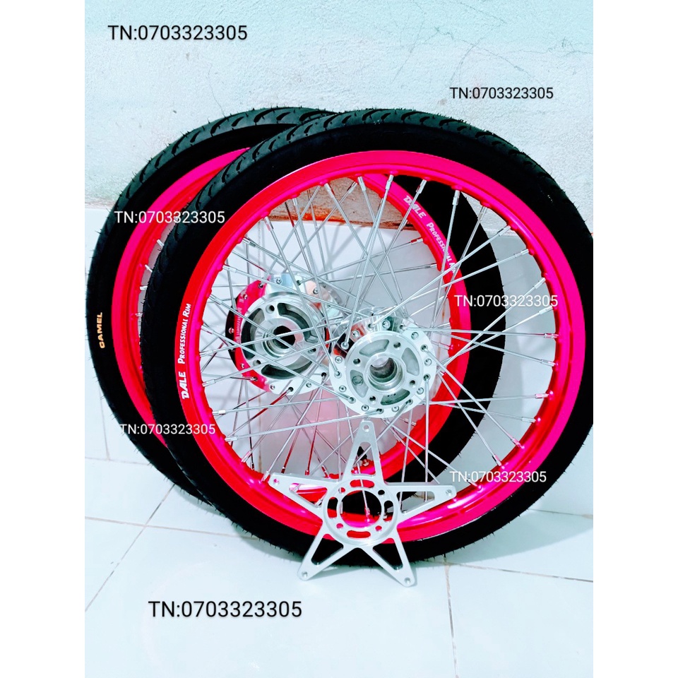 CẶP BÁNH CĂM RAIDER SATRIA NIỀN NHÔM DALE. BAN ZAI .SOLUTE .SH THÁI HỒNG .KÈM VỎ CAMEL THÁI 50.60 VỚI LÒNG NGÔI SAO .