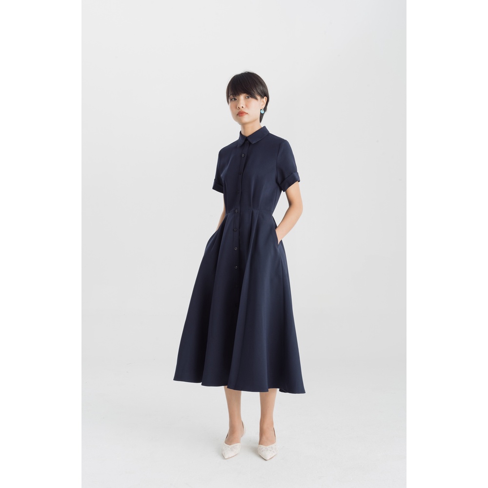 NINE 2 FINE - Đầm xòe cổ sơ mi dáng xòe che khuyết điểm màu Navy THANH LỊCH