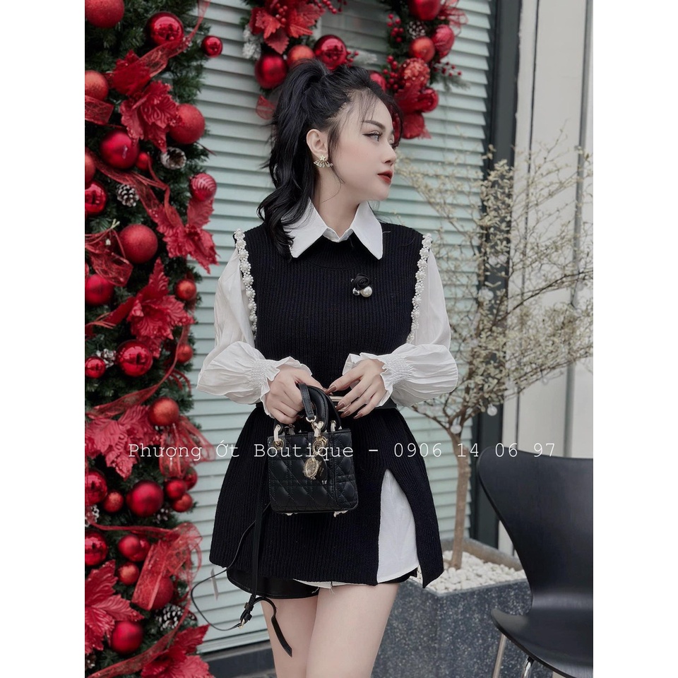 Set 3 Món Nữ Dạo Phố - Áo Ghile Len Xẻ Vai Ngọc Kèm Tag Mix Áo Sơ Mi Trắng Chun Tay Bèo Kèm Đai Phong Cách Hàn