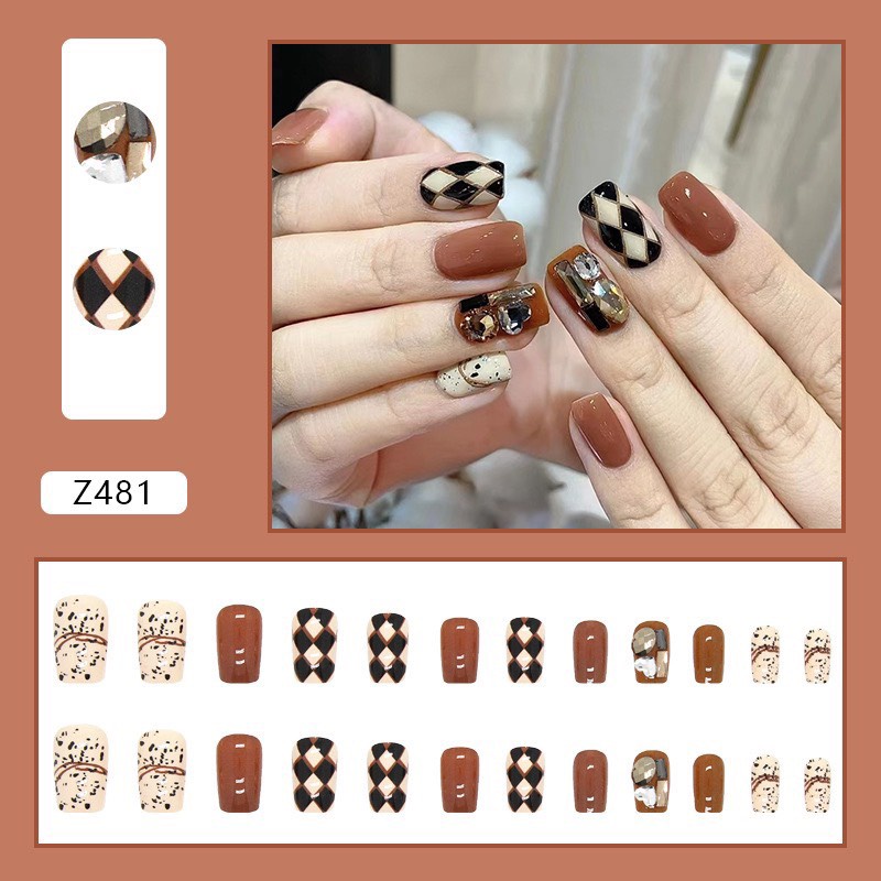Z481 - Móng Tay Giả Đính Đá Bộ 24 Móng Kèm Keo Dán Mẫu Mới Nhất 2023