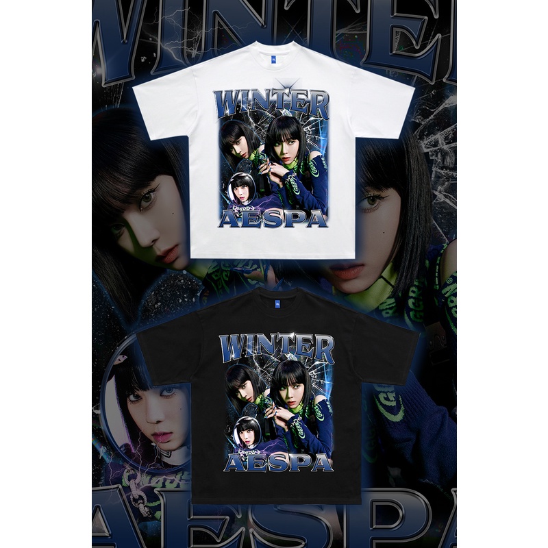 Áo Thun Winter Aespa 100% Cotton Tay Lỡ Unisex - Đen/Trắng Cổ Tròn | Blackwork