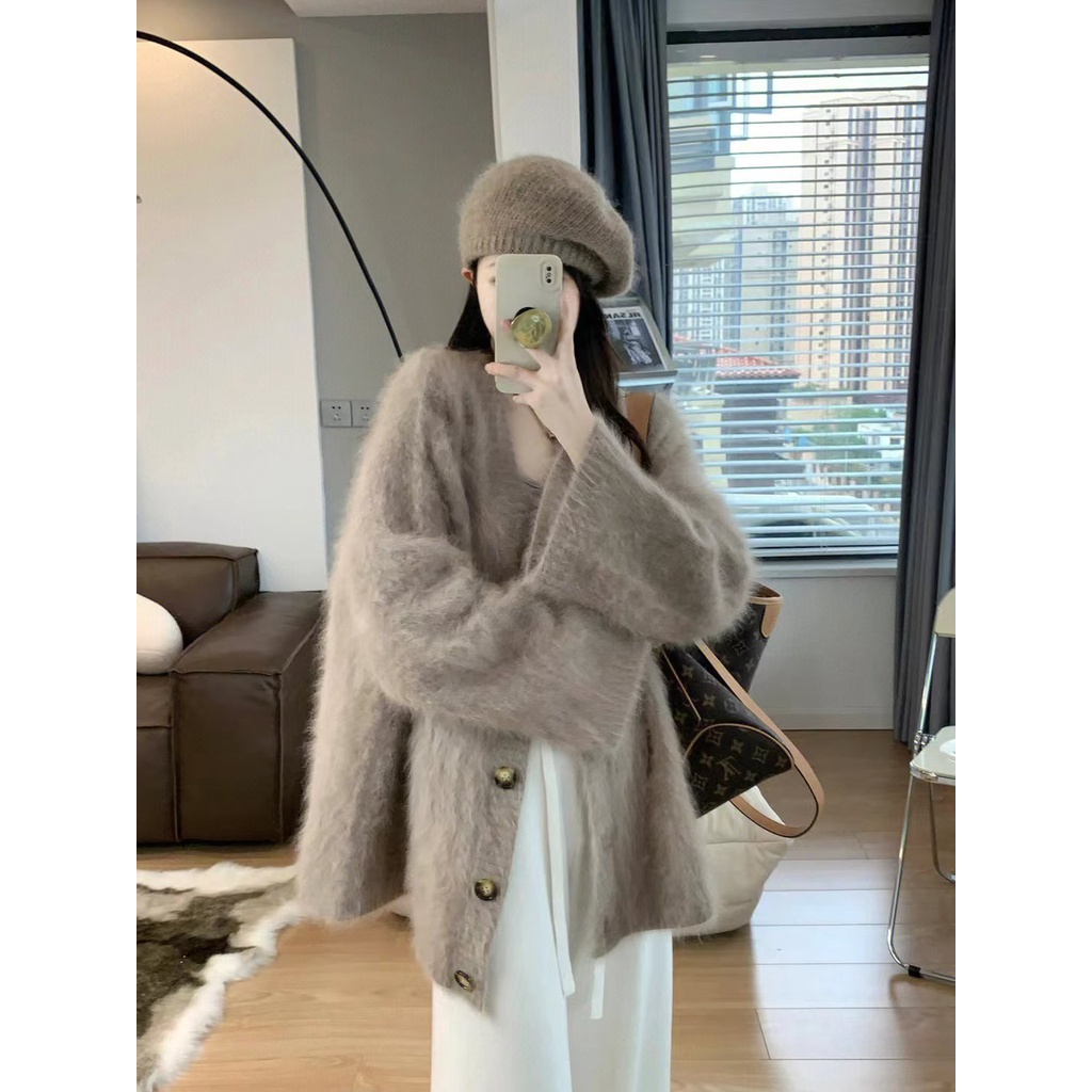 Áo Khoác Cardigan Dệt Kim Dáng Rộng Cổ Chữ V Chất Liệu Mềm Mại Thời Trang