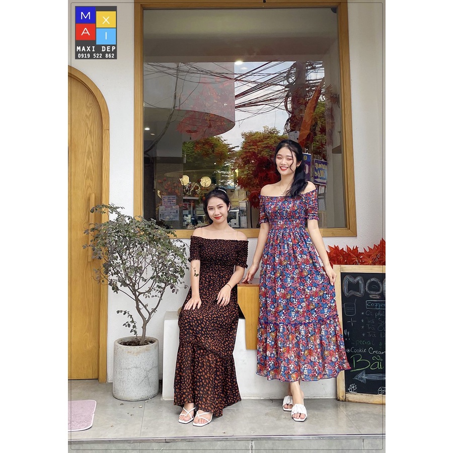Đầm Trễ Vai Maxi Hoa Đa Sắc Và Chấm Bi Cam Freesize Dưới 55kg