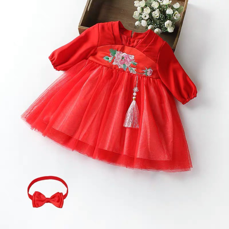 Đầm hanbok đỏ xinh cho bé gái, váy hoa đỏ diện tết siêu xinh