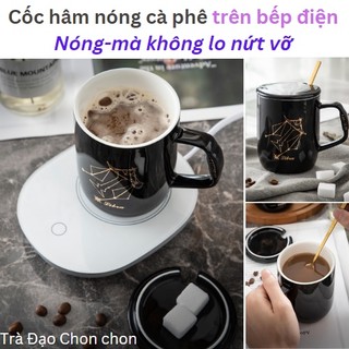 Ly cốc sứ hâm nóng cà phê màu đen có nắp in hình nét vàng sáng lấp lánh