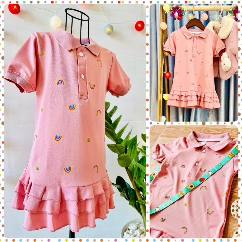Váy Polo Hồng Cổ Bẻ in Hình Cầu Vồng Cho Bé Gái