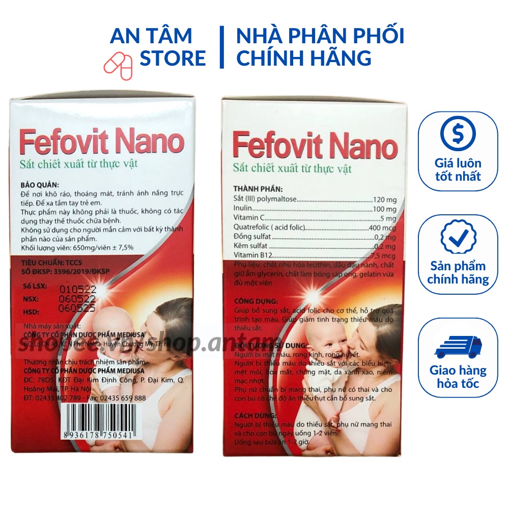 Viên uống Fefovit Nano Bổ Sung Sắt, Tăng Cường Lưu Thông Máu Cho Phụ Nữ Mang Thai Hộp 100 viên