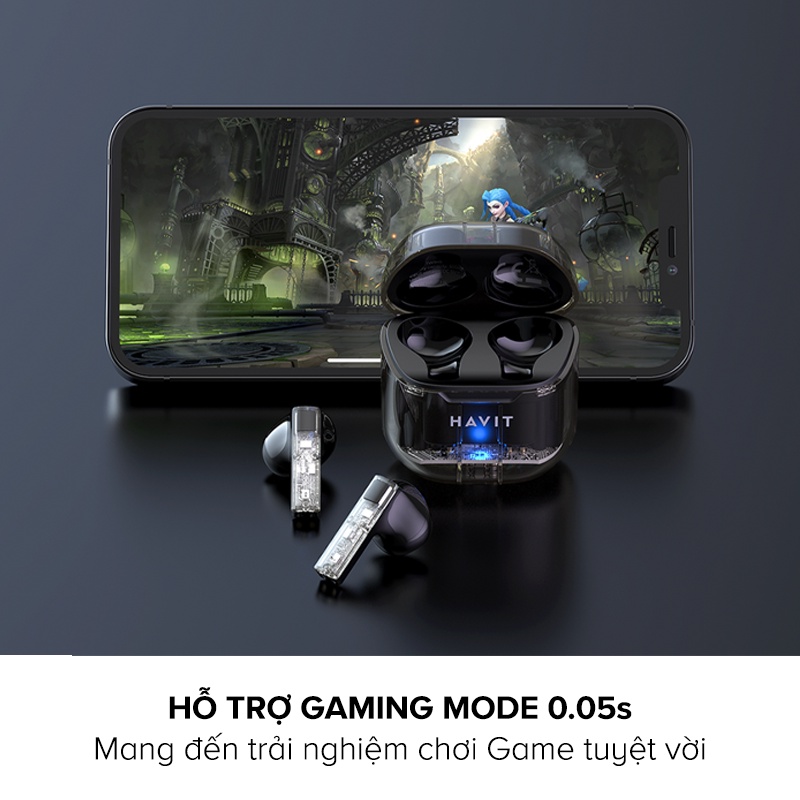 Tai Nghe TWS HAVIT TW945, Trong Suốt Transparent, BT 5.3, Gamemode 50ms, Nghe Đến 3H - Chính Hãng BH 12 Tháng Dizigear