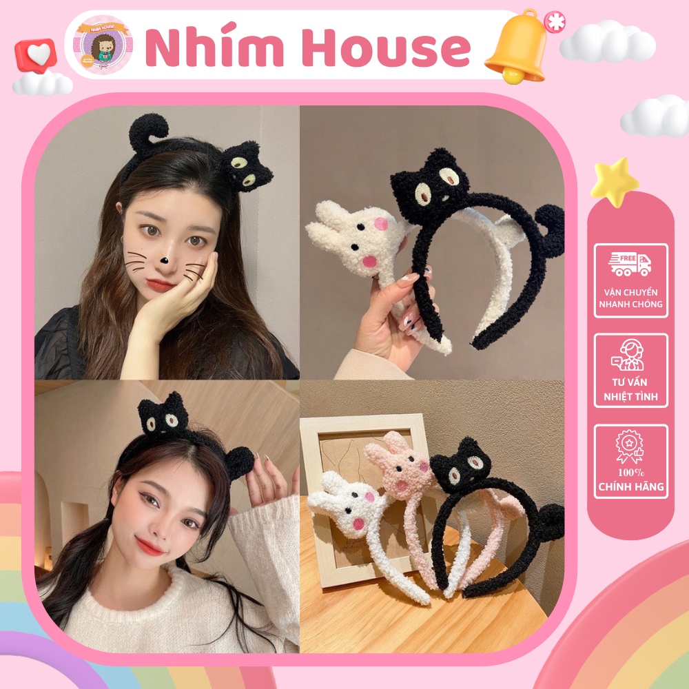 Băng Đô Cài Tóc Rửa Mặt Tai Thỏ Mèo Đen Mắt To Vải Bông Cute Phong Cách Hàn Quốc