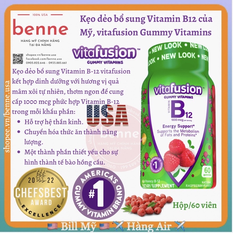 Kẹo dẻo bổ sung Vitamin B12 Vitafusion B12 1000mcg vị quả mâm xôi 60 viên của Mỹ