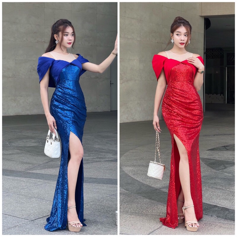 Đầm dạ hội kim sa rớt vai cao cấp TẶNG KÈM HOA TAI THỜI TRANG