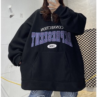 Áo nỉ sweater cổ zip đen dày chữ tím 1936