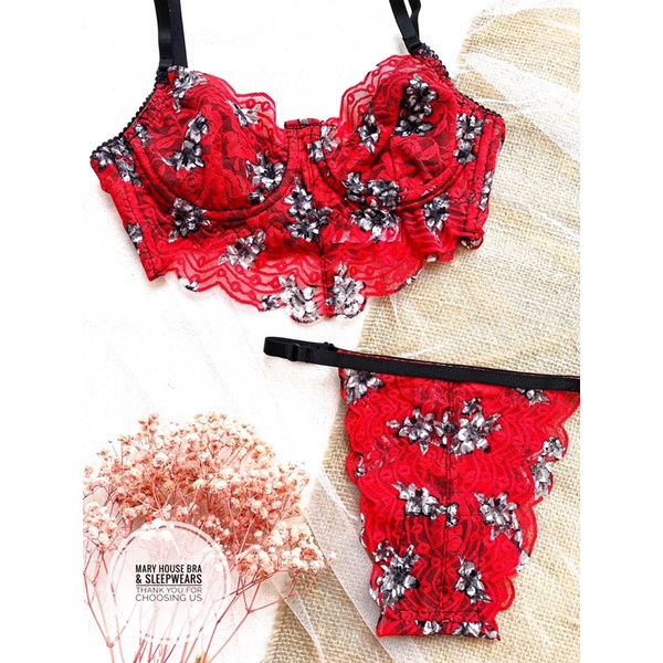 Bộ Bra Gọng Không Mút Hoa Đỏ Mary House Bra & Sleepwears