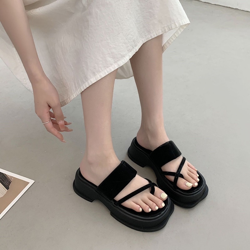 DÉP sandal sỏ ngón quay ngang đế dày cao 5cm chắc chắn chống trơn trượt phong cách Retro thanh lịch
