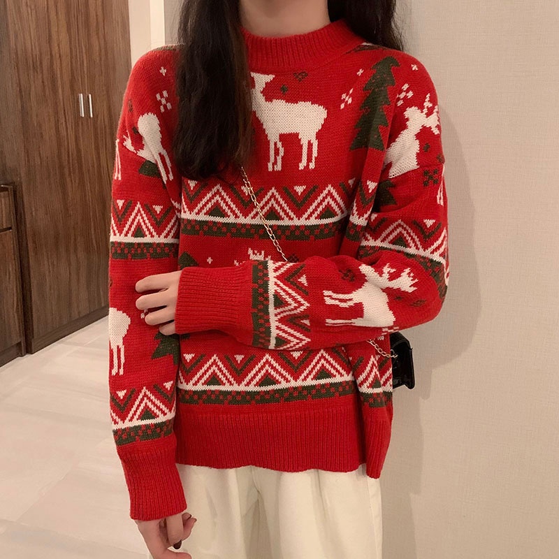 Áo Len Tay Dài Cổ Tròn In Hình Tuần Lộc Giáng Sinh Thời Trang Hàn Quốc Cho Nữ