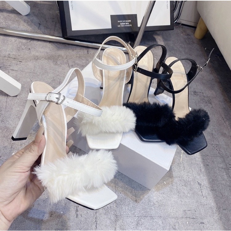 Giày Sandal nữ đế vuông bigsize quai gắn lông vũ gót nhọn 9 phân SD003