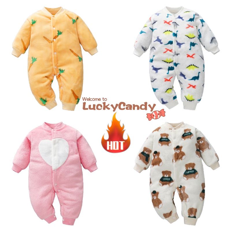 Áo liền quần LUCKYCANDY vải cotton tay dài phong cách mùa đông cho bé 0-18 tháng