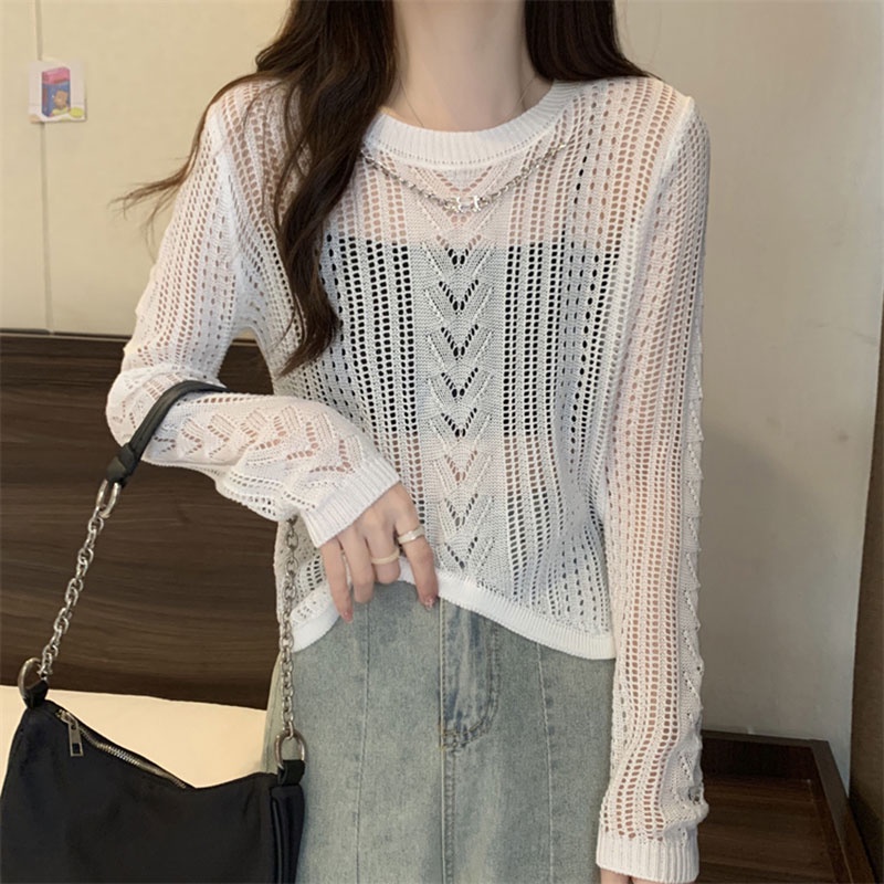 Áo Dệt Kim Tay Dài Cổ Tròn Họa Tiết Kẻ Sọc Thiết Kế Bất Đối Xứng Thời Trang Hàn Quốc Cho Nữ