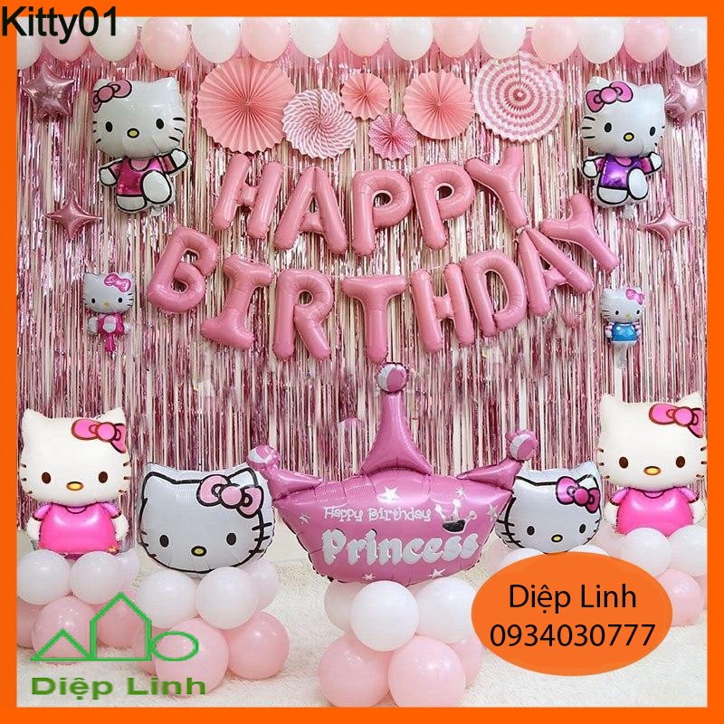 Set Trang Trí Sinh Nhật ️🎈️🎈HELLO KITTY️🎈️🎈 Siêu Dễ Thương Cho Bé Gái, Đầy Đủ Như Hình Tặng Kèm Đồ Bơm Băng Dính