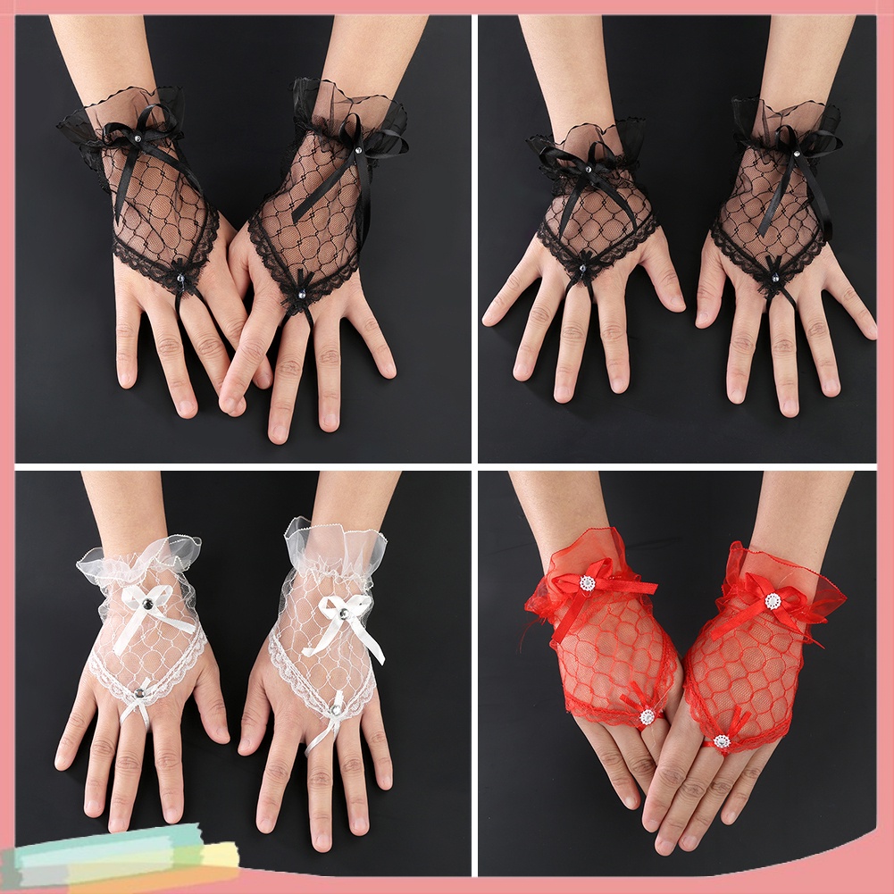 Đôi găng tay cô dâu vải ren phối nơ và ngọc giả độc đáo thời trang