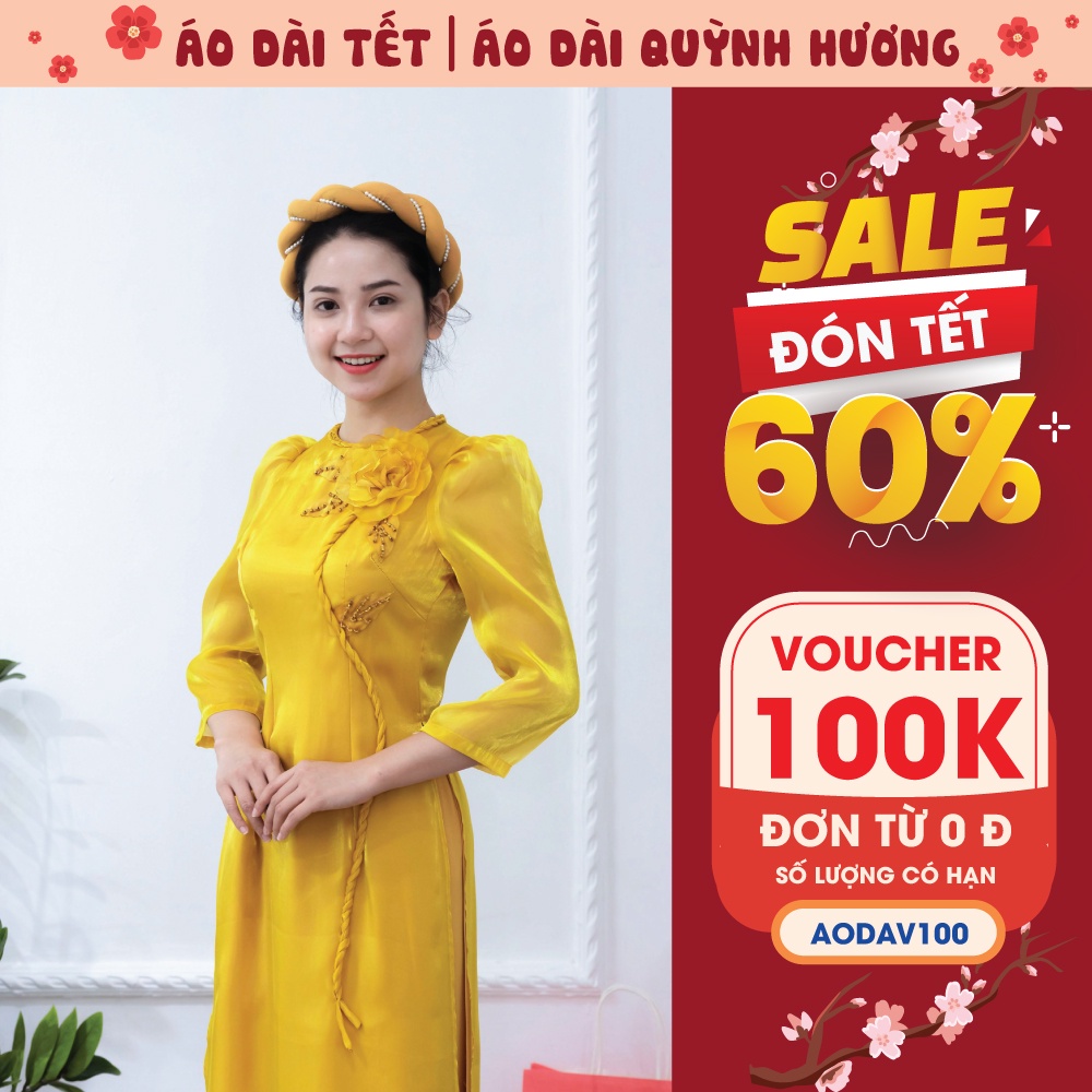 Áo dài Tết voan tơ nhũ vàng cổ tết đính hoa hồng tay lỡ by Quỳnh Hương