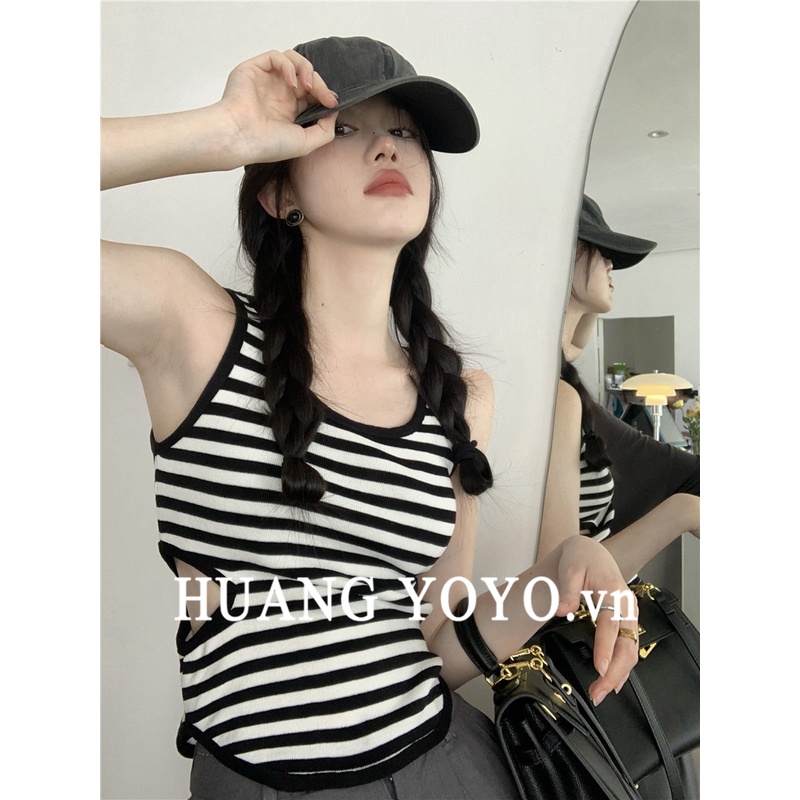 HUANG YOYO Áo Croptop Dệt Kim Sát Nách Cổ Chữ U Họa Tiết Kẻ Sọc Thời Trang Hàn Quốc 2023 Cho Nữ