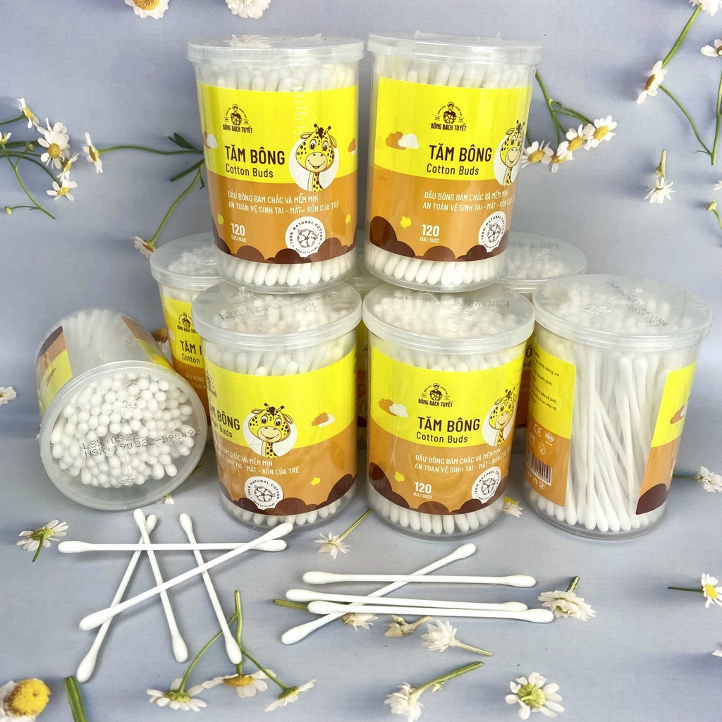 Tăm Bông Cho Bé 120 QUE HỘP TRÒN XOAY COTTON BUDS chính hãng BÔNG BẠCH TUYẾT