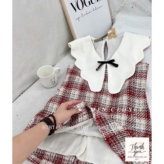 Đầm dạ caro đỏ cổ sen