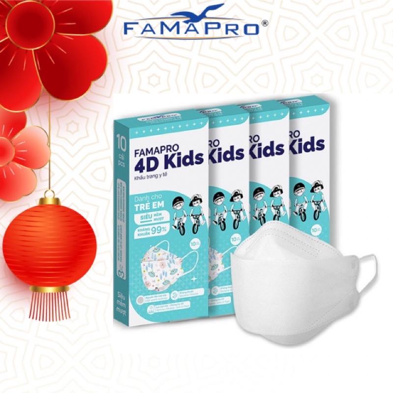 [4D MASK KIDS (KF94)- COMBO 4- HỘP 10 CÁI] Khẩu trang y tế trẻ em cao cấp kháng khuẩn 3 lớp Famapro cho bé 3-6 tuổi