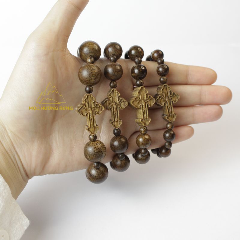 Chuỗi Tràng Hạt Mân Côi Trầm Hương 10 Hạt - Vòng Tay Trầm Hương Mix Thánh Gía Size 8mm-14mm