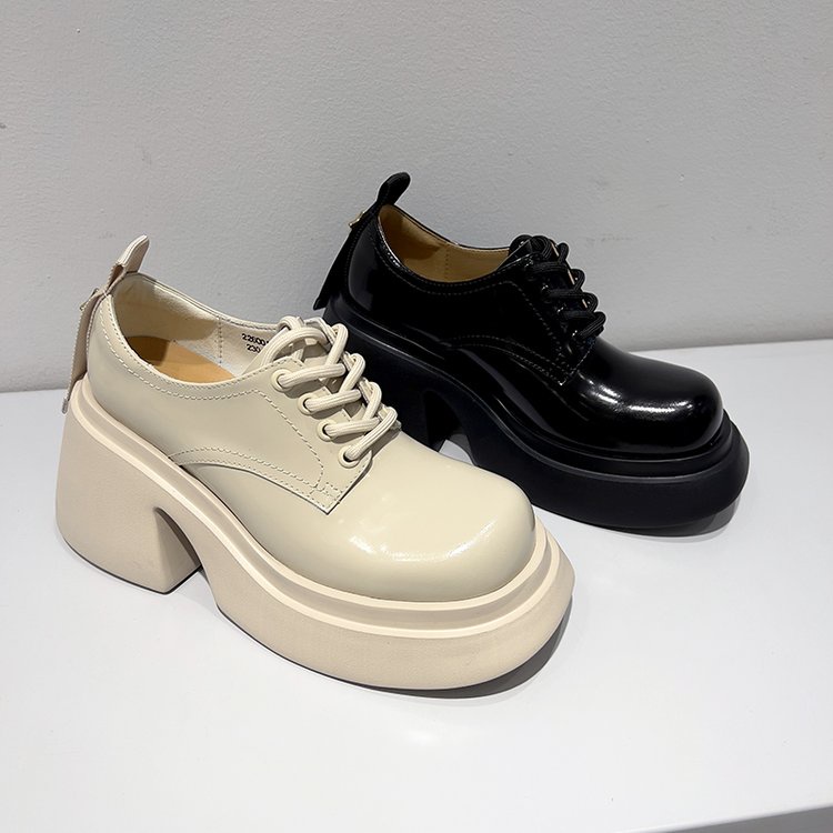 Giày Cao Gót Mũi Tròn Cột Dây Bằng Da Phong Cách Retro Thời Trang