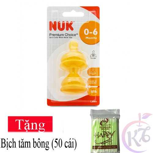 Ty thay bình sữa NUK Cao Su Cổ Rộng size 1M - 2 cái/vỹ Tặng 1 bịch tăm bông - Núm ty thay thế Premium Choice NU66050