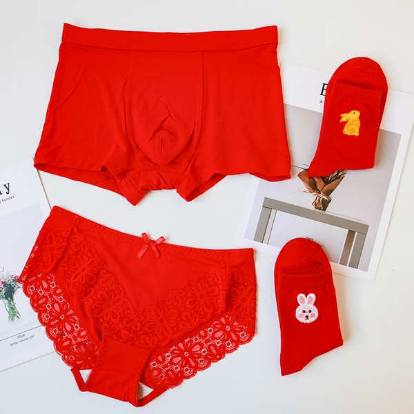 (Hàng Có Sẵn) Bộ Quần Lót Và Vớ Cotton Màu Đỏ Hình Thỏ Năm Mới Dành Cho Cặp Đôi Chú Rể Đám Cưới