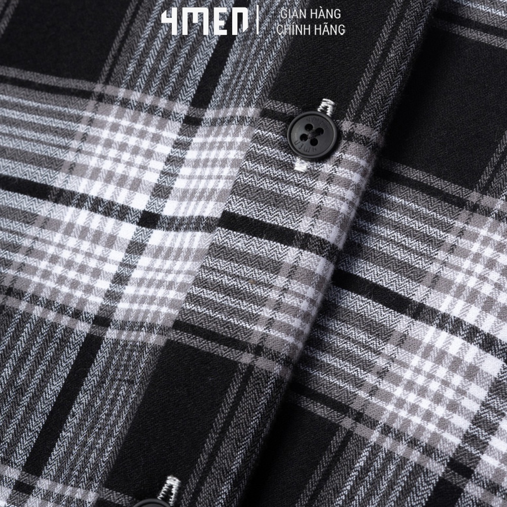 Áo Sơ Mi Nam Tay Ngắn Flannel Regular đắp nhọn 4MEN SM124 caro cổ đứng thanh lịch, vải mềm mại thấm mồ hôi, thoáng mát