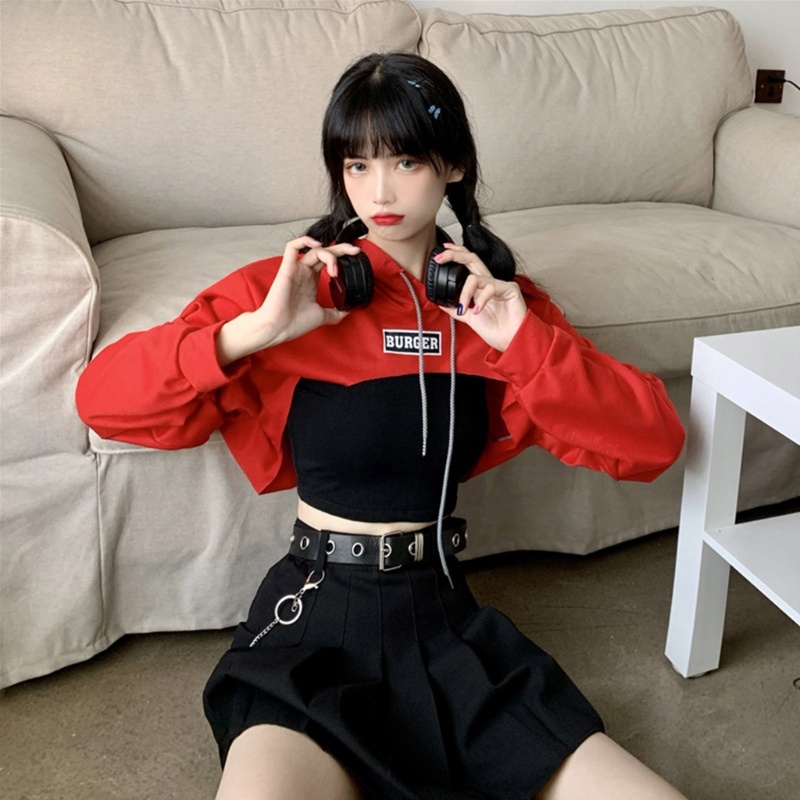 Xiangbao Áo Hoodie Crop Top Dáng Rộng Khoét Lỗ Hở Lưng Phối Dây Rút Gợi Cảm Cho Nữ