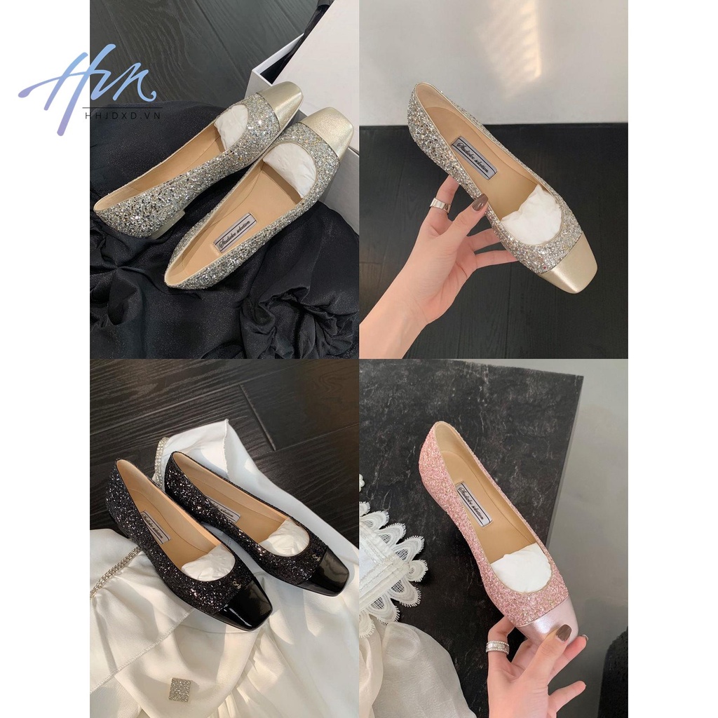 Giày Búp Bê Mũi Vuông Đính Kim Sa Lấp Lánh Màu Sắc Thời Trang Mùa Xuân 2022