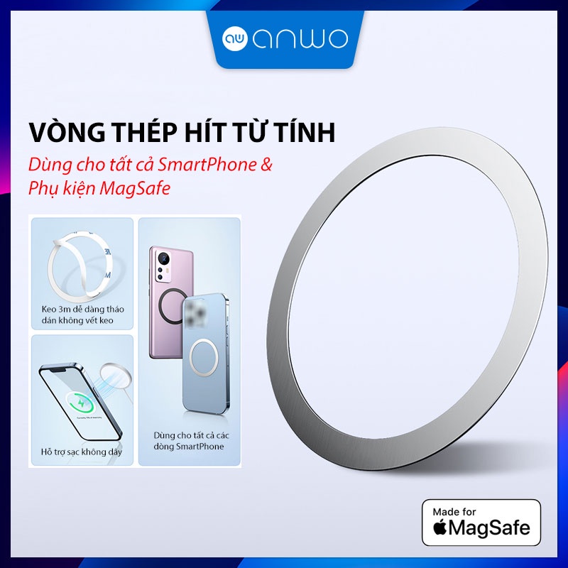 Vòng Từ Tính Anwo, Vòng MagSafe Đa Năng, Chât Liệu Kim Loại, Dùng Cho Tất Cả SmartPhone & Phụ Kiện MagSafe