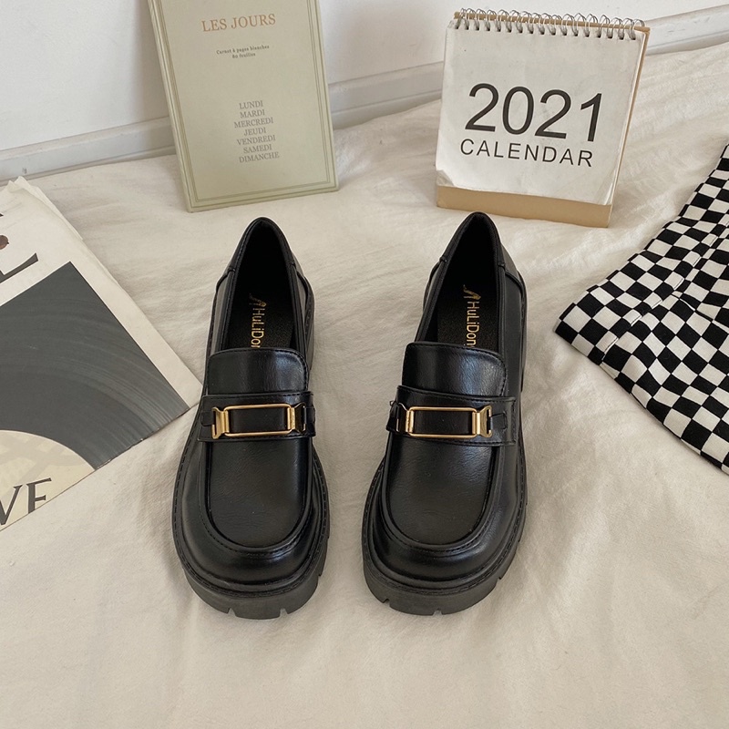 Giày oxfod khuy nữ đế cao 5cm chất da PU cao cấp phong cách ulzzang retro