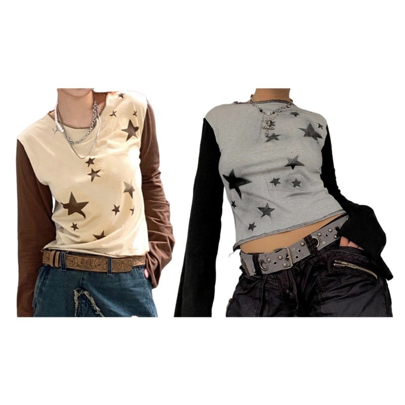 Xiangbao Áo Croptop Tay Dài Dáng Ôm In Họa Tiết Ngôi Sao Phối Màu Phong Cách Punk Cho Nữ