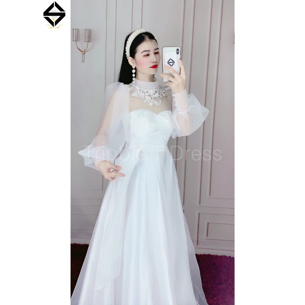 Đầm maxi măc cưới TRIPBLE T DRESS cho dâu xinh đi bàn nhẹ nhàng phối ren cổ - size S/M/L - MS314V