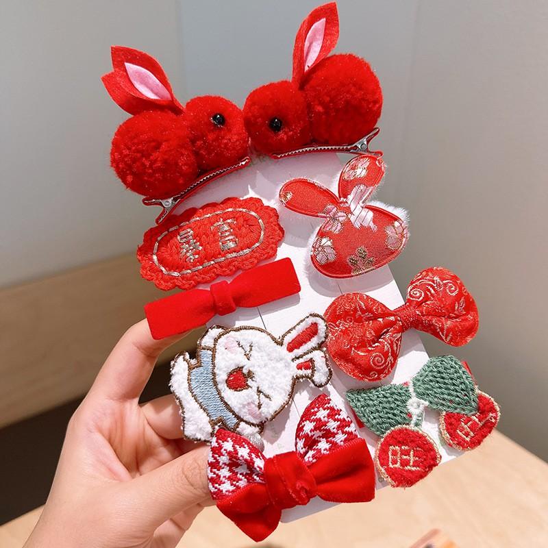 PVN56680 Set 9 Kẹp Tóc Hình Nơ Thêu Họa Tiết Phong Cách Trung Hoa Mừng Năm Mới Cho Bé Gái