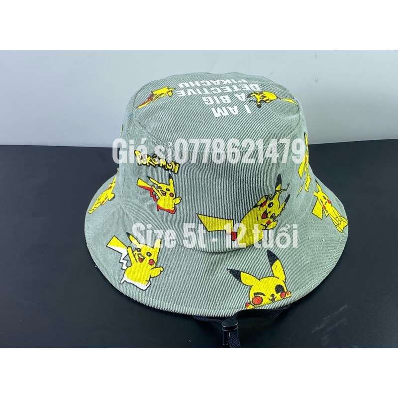 Nón bo in trẻ em 5tuổi đến 12 tuổi : mũ bo nhung in picachu danh cho trẻ em (có dây)