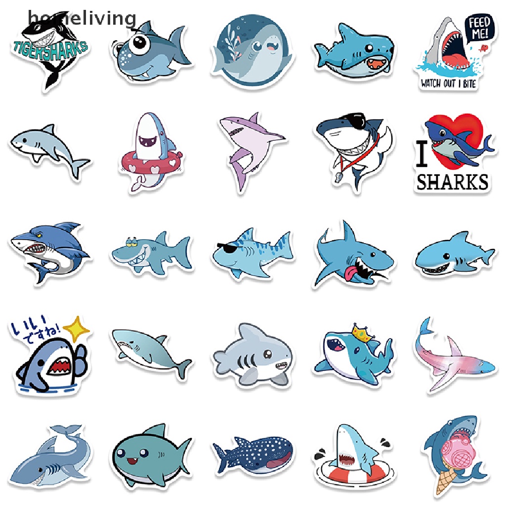 Bộ 50 Miếng Dán Trang Trí Hình Cá Mập Graffiti Dễ Thương