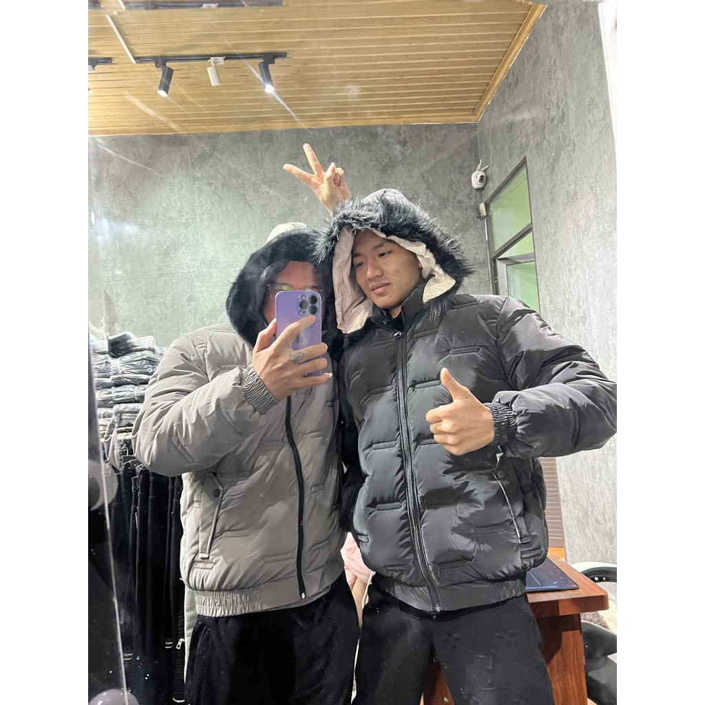 Áo phao trần bông cổ lông siêu ấm 2 màu đen ghi xám 2022